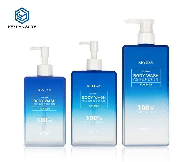 KY022-1 - Chai Nhua PETG Vuong Gradient Xanh Duong Dung Sua Tam Nam 250ml/350ml/500ml