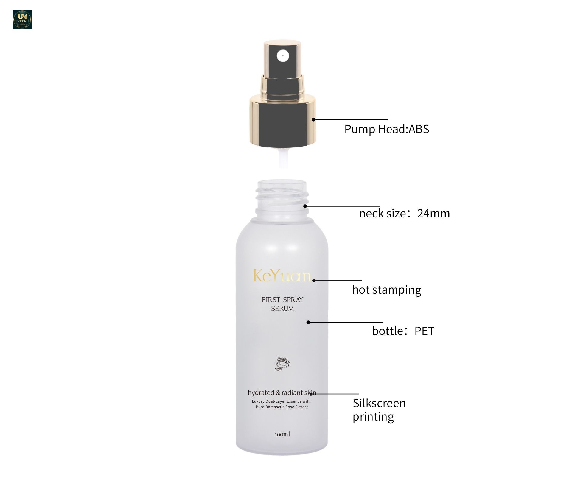 KY300 - Chai xịt PET trong suốt cao cấp 100ml, dùng cho serum dưỡng ẩm da mặt