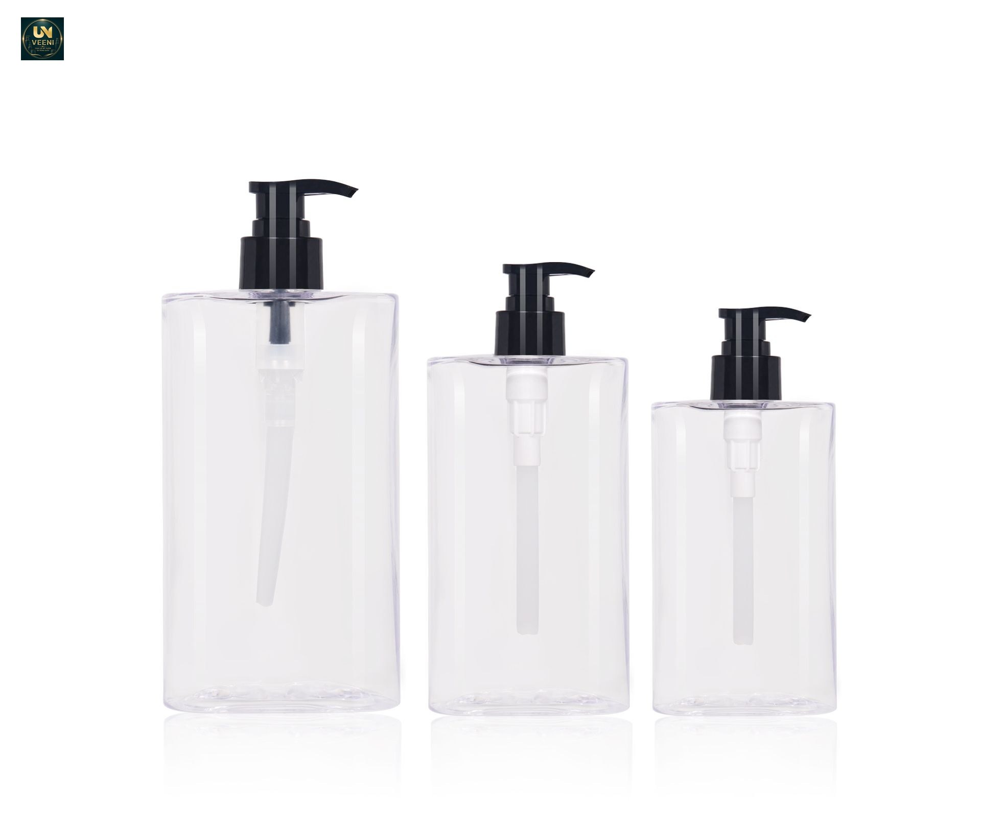 KY308 - Bộ Chai Bơm Nhấn PET Vuông Trong Suốt Cho Dầu Gội & Sữa Tắm